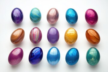 A vibrant assortment of Easter eggs displayed closely together on a pristine white surface, showcasing their intricate colors and designs.