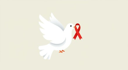 Fototapeta premium White dove carrying red ribbon against light background 