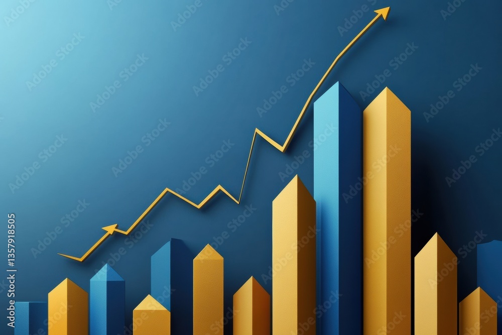 Leinwandbilder modern business background featuring layered paper cut bar charts and upward arrows in gold and blue
