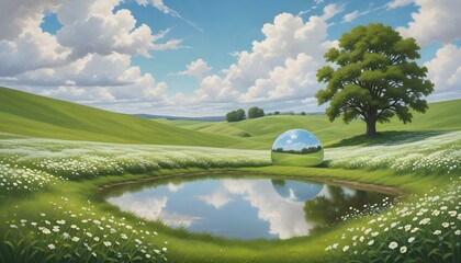 A picturesque landscape featuring a lush green field dotted with white flowers, set against a backdrop of rolling hills and a serene sky