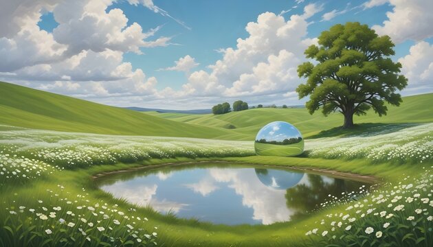 A picturesque landscape featuring a lush green field dotted with white flowers, set against a backdrop of rolling hills and a serene sky