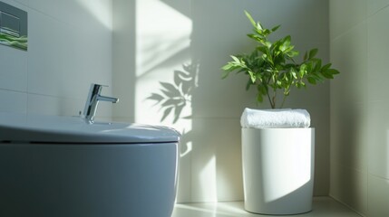 Fototapeta premium A white toilet sits next to a potted plant in a modern bathroom