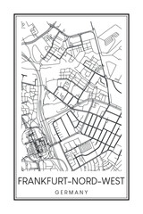 Fototapeta premium Hand drawn printable downtown road map poster of borough FRANKFURT-NORD-WEST of the German city of FRANKFURT AM MAIN on solid white background with city name