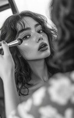 Fototapeta premium A woman sitting in front of a mirror having her makeup applied