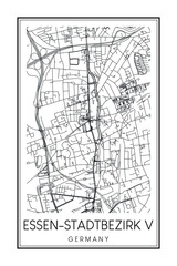 Obraz premium Hand drawn printable downtown road map poster of borough ESSEN-STADTBEZIRK V of the German city of ESSEN on solid white background with city name