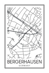 Hand drawn printable downtown road map poster of borough BERGERHAUSEN of the German city of ESSEN on solid white background with city name