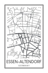 Hand drawn printable downtown road map poster of borough ALTENDORF of the German city of ESSEN on solid white background with city name