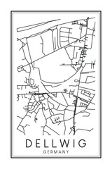 Hand drawn printable downtown road map poster of borough DELLWIG of the German city of ESSEN on solid white background with city name