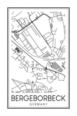 Hand drawn printable downtown road map poster of borough BERGEBORBECK of the German city of ESSEN on solid white background with city name