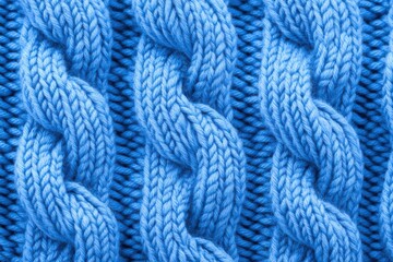Close-up of hand-knitted blue cable knit fabric showcasing detailed textile texture in Pantone Little Boy Blue ideal for crafting and fashion design projects