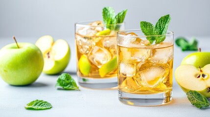 Fototapeta premium Refreshing Iced Apple Mint Drinks with Apples