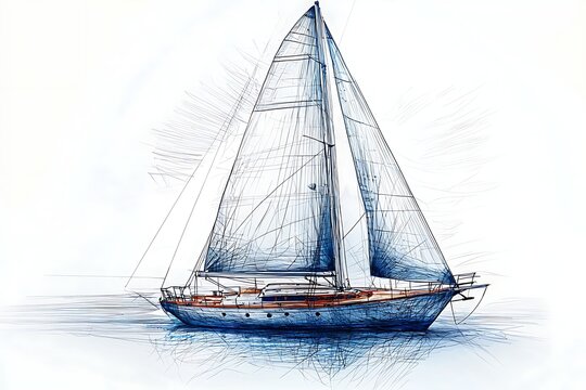 Line drawing a sailboat with sea blue color fills