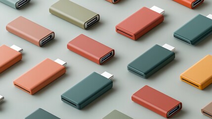 Obraz premium Artistic array of sleek, colorful USB-C adapters promoting data storage technology