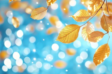 Golden Autumn Leaves Against A Blue Bokeh Background