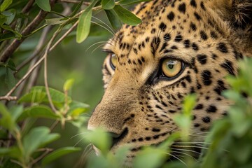 Naklejka premium close-up of leopard eye looking through dense green foliage in wild jungle, intense gaze of predator in natural camouflage and wildlife habitat