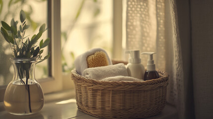A basket with towels and bottles near a window with a vase of leaves on the windowsill light filled