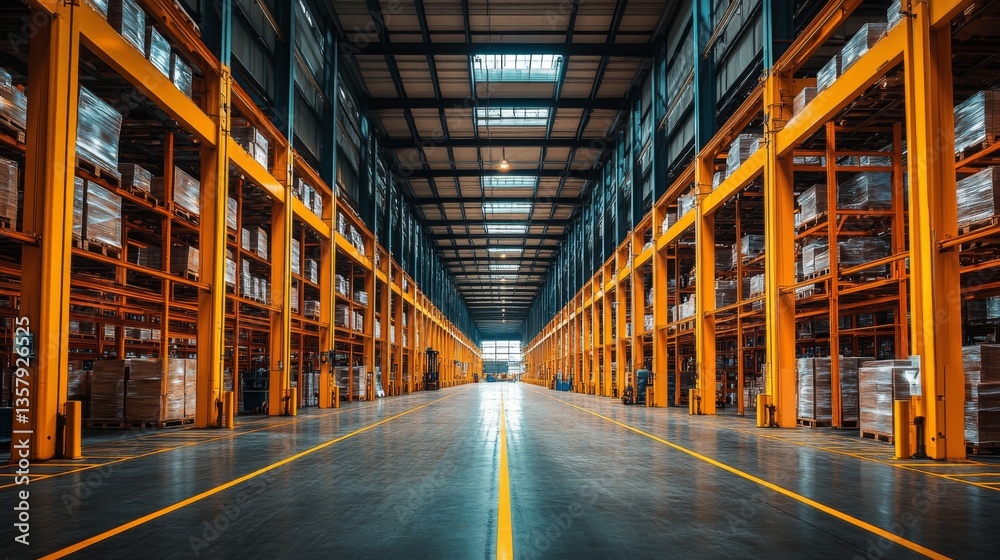 Fototapete inside a large warehouse, palletized cargo is neatly arranged on tall racks. bright lighting illumin