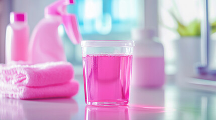 Pink cleaning supplies including spray bottle and liquid in a clear plastic container on a counter