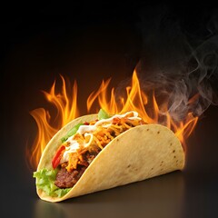 Illustration of spicy taco with flame and smoke effect