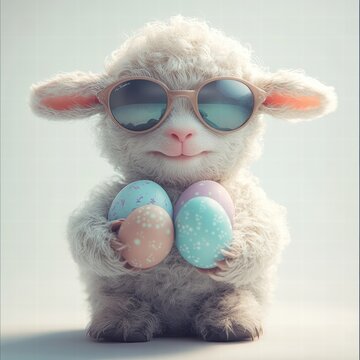 Adorable Lamb with Easter Eggs, selective focus