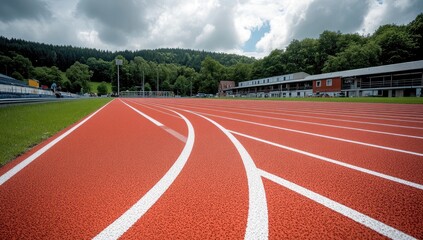 Red running track curves towards lush green hills