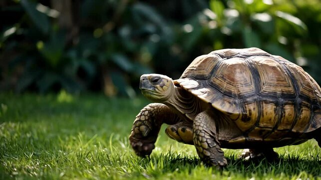 A Sulcata tortoise slowly walking across lush green grass, its large, textured shell glistening under the sun, with gentle shadows cast on the ground and soft, vibrant greenery around it.