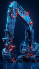 A digital wireframe polygon illustration of an excavator set against a blue background, showcasing the engineering and mechanical intricacy of heavy construction machinery