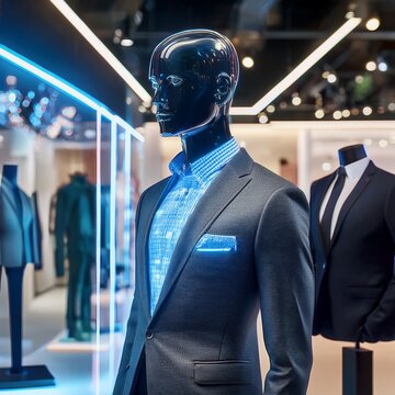 Ein m&auml;nnliches Mannequin in einem Anzug im Einkaufsladen.