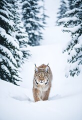 Lynx in Snowy Coniferous Forest