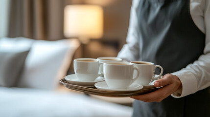 Waiter carrying a tray with four cups of coffee in a hotel room with a bed and lamp visible