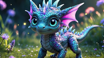 Cute and colorful baby dragon with purple and blue scales, glowing eyes, and flowers in a magical fantasy forest

