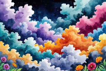 Fototapeta premium Vibrant Watercolor Festival Sky Illustration with Fluffy Clouds in Orchid Slate Mint Marigold and Ruby