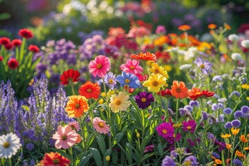 Fototapeta premium Vibrant Flowers Blooming in a Sunlit Garden of Natural Beauty
