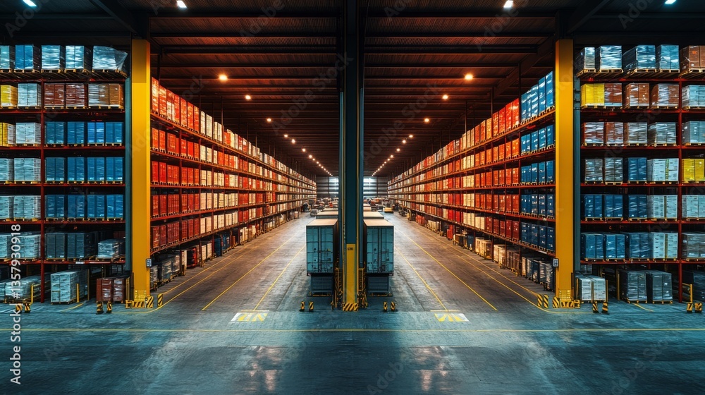 Poster Rows of neatly stacked cargo containers fill the spacious warehouse, illuminated by overhead lights. Workers manage inventory and prepare shipments in this busy logistics hub.