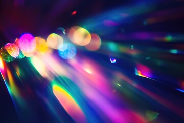 Blurred rainbow refraction overlay effect. Light lens prism effect on black background. Holographic reflection, crystal flare leak shadow overlay. Colorful rainbow disco ball light leaks texture. MZ 
