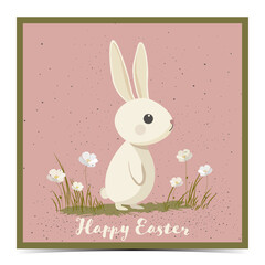 Cute Easter greeting card, cover, poster, label, flyer, banner with white bunny on the grass surrounded by flowers, pink background, vector illustration