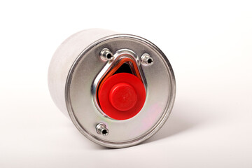 Fuel filter. Metal fuel filter. Spare part for servicing the fuel system and fuel line. close-up.