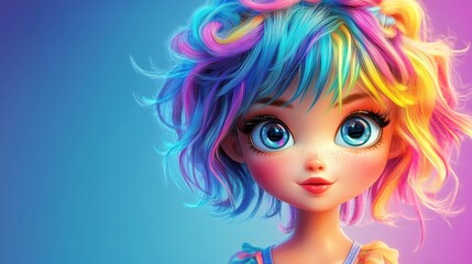 Colorful anime-style doll with exaggerated features and pastel hues