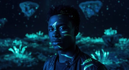 Fototapeta premium Enigmatic Portrait: A Young Man Illuminated in a BioLuminescent Seascape