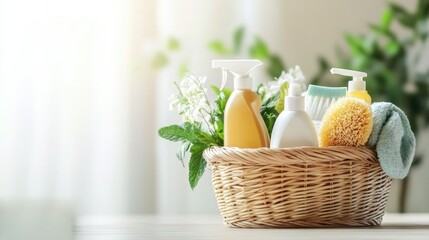 A woven wicker basket containing toiletries and cosmetics, ideal for bathroom or bedroom use