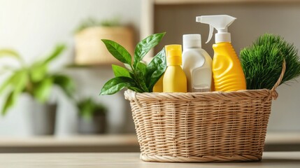 A basket containing cleaning products sits on a table, ready for use