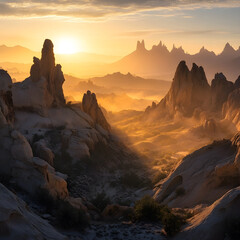 Fototapeta premium Golden Dawn in Majestic Mountain Landscape with Silhouetted Peaks and Serrated Shadows