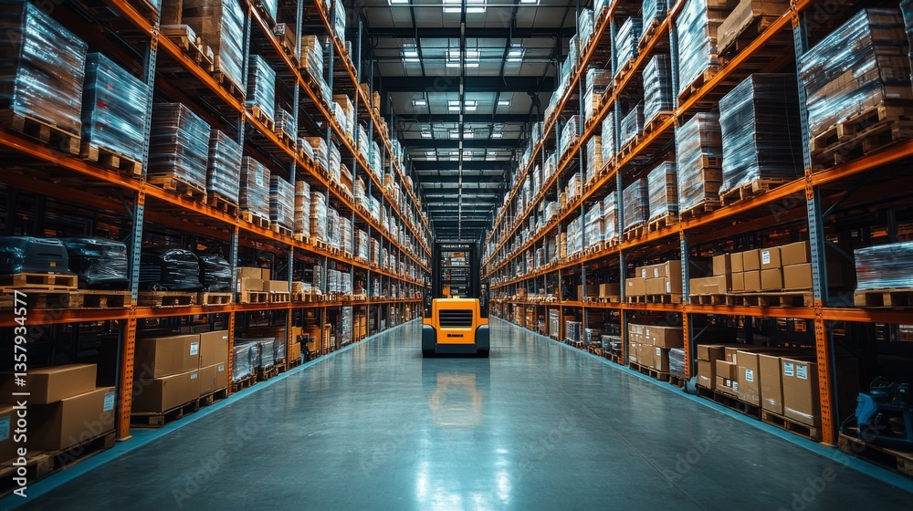 Aufkleber in a well structured warehouse, rows of pallets filled with inventory line both sides of the aisle. 