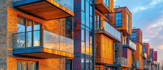 Modern apartment complex at sunset, showcasing diverse architectural design and warm tones. Balconies and large windows are prominent features
