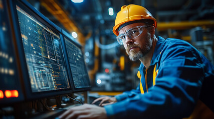 Worker focused on data analysis in a factory setting