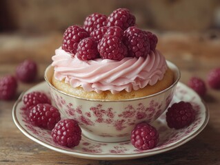 Raspberry cupcake in vintage cup, pink frosting. Perfect for blogs, websites, or recipes; shows delicious desserts.