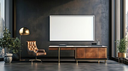 office setup featuring dark tones, gold accents, plants, and blank wall frame for corporate or creative display