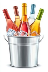 A stylish bucket filled with colorful wine bottles and ice cubes