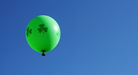 Obraz premium Green balloon with shamrock patterns floating in a bright blue sky, conveying a festive and cheerful mood, perfect for celebrations and events