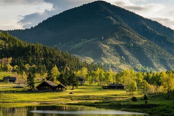 Fototapeta premium Stunning mountains rise majestically in the background, showcasing their rugged peaks and natural beauty, ideal for nature enthusiasts and adventurers.
